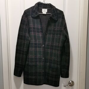 Ice Vintage 100% wool Plaid‎ Sweater Jacket in Green and Black